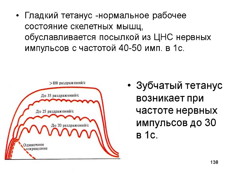 138 Зубчатый тетанус возникает при частоте нервных импульсов до 30 в 1с.  Гладкий